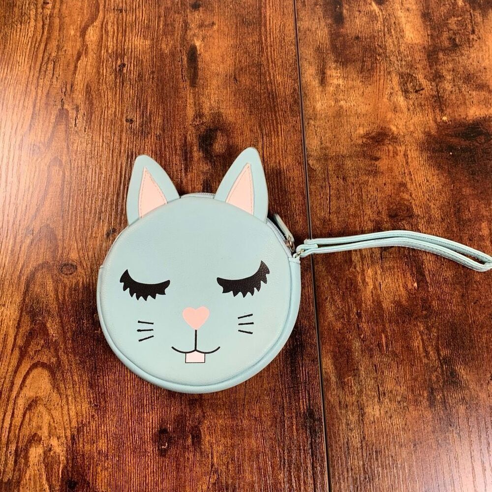 Luv Betsy Johnson Blush Blue Kitty Face‎ Cat Purse Wristlet wallet